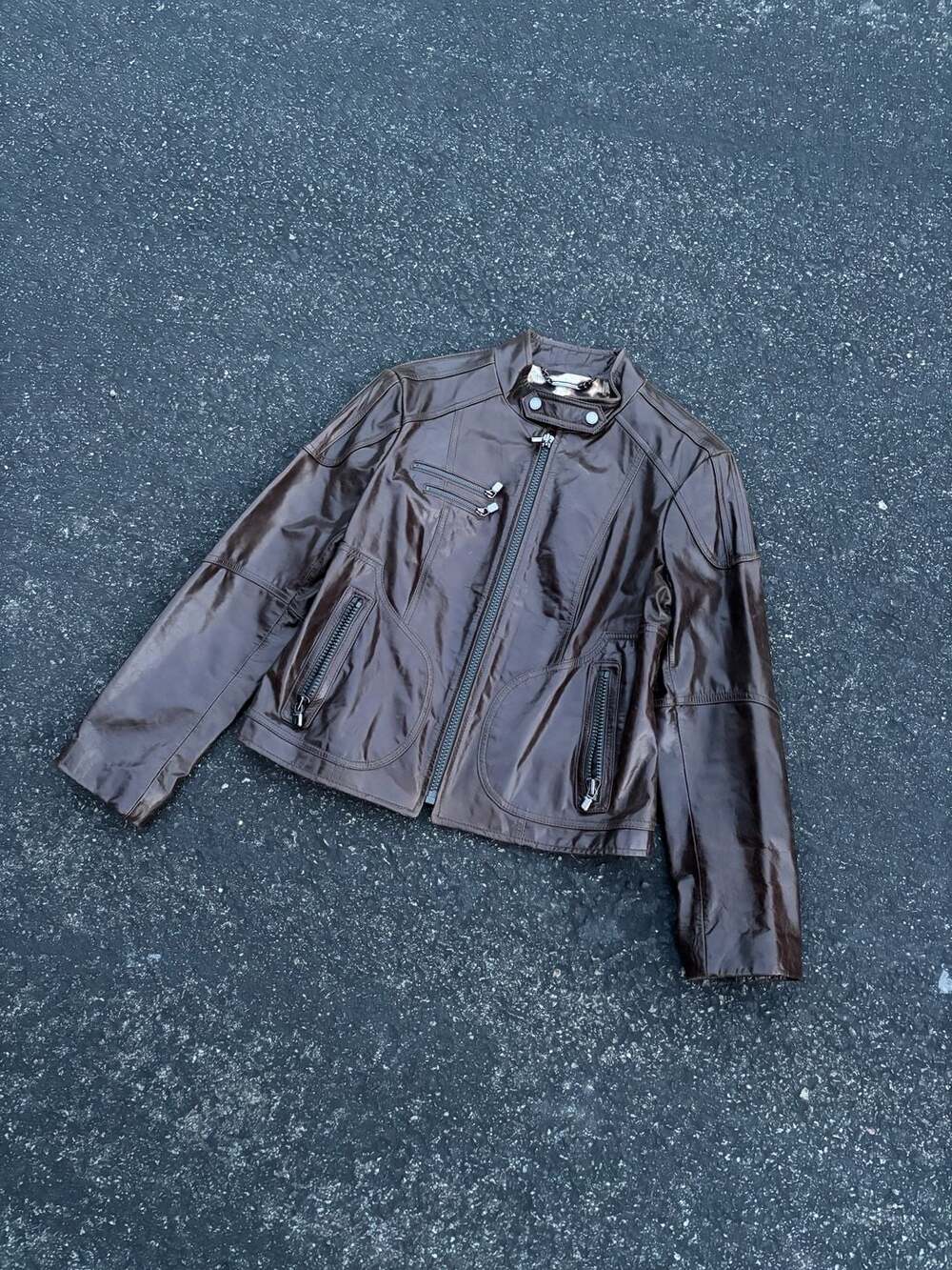 Laundry By Shelli Segal Brown Leather Moto Jacket Size LP
